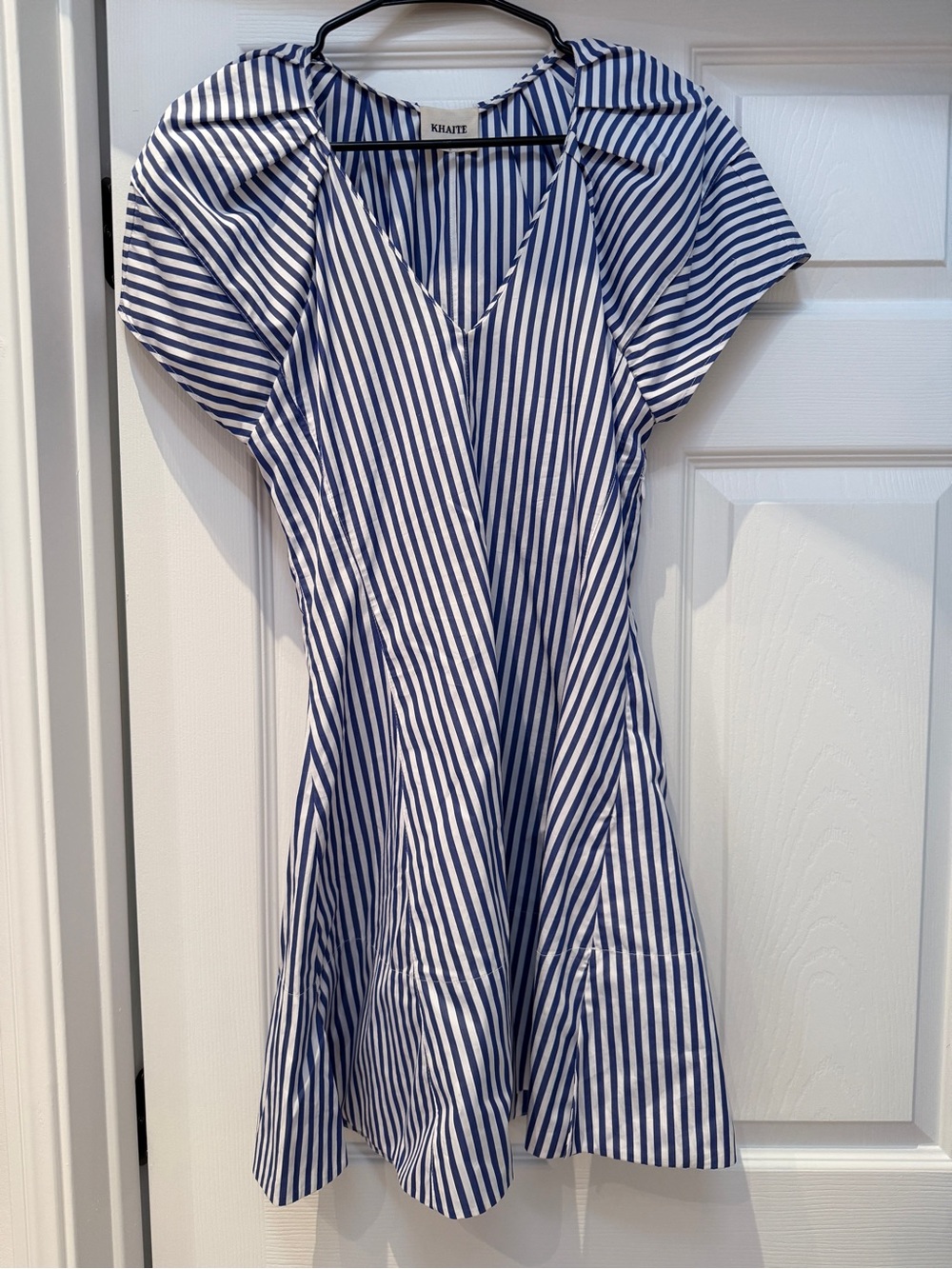 KHAITE Blue and White Striped V-Neck Mini Dress
